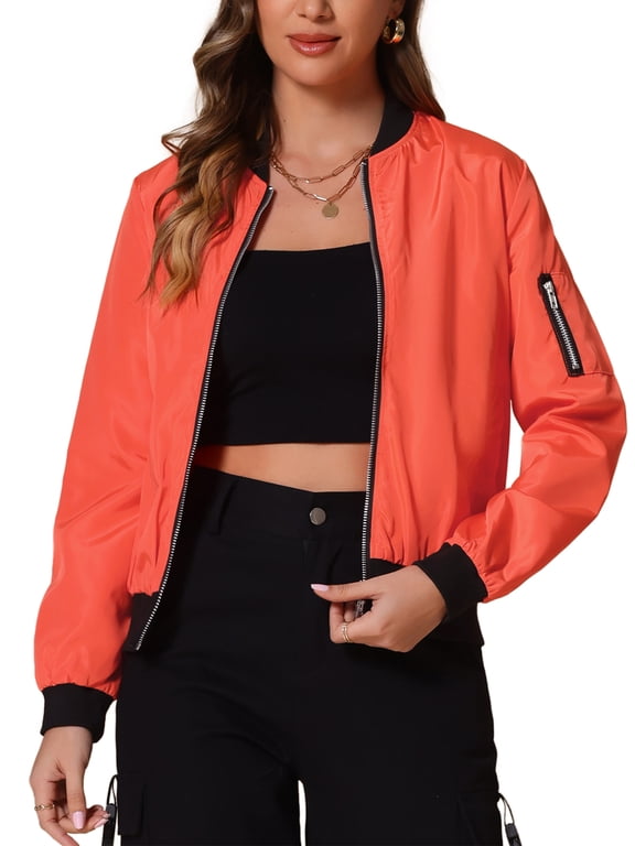 Women's Halloween Coat Casual Zip Up Bomber Jacket Windbreaker Outerwear with Pockets M Orange