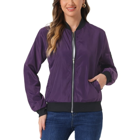 INSPIRE CHIC Women's Coat Casual Zip Up Bomber Jacket Windbreaker Outerwear with Pockets S Dark Purple