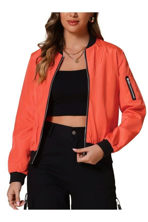 Women's Coat Casual Zip Up Bomber Jacket Windbreaker Outerwear with Pockets S Orange