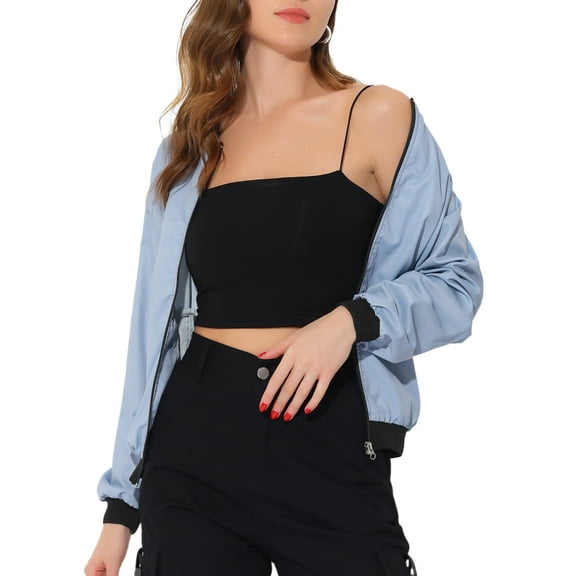 INSPIRE CHIC Women's Coat Casual Zip Up Bomber Jacket Windbreaker Outerwear with Pockets XL Light Blue