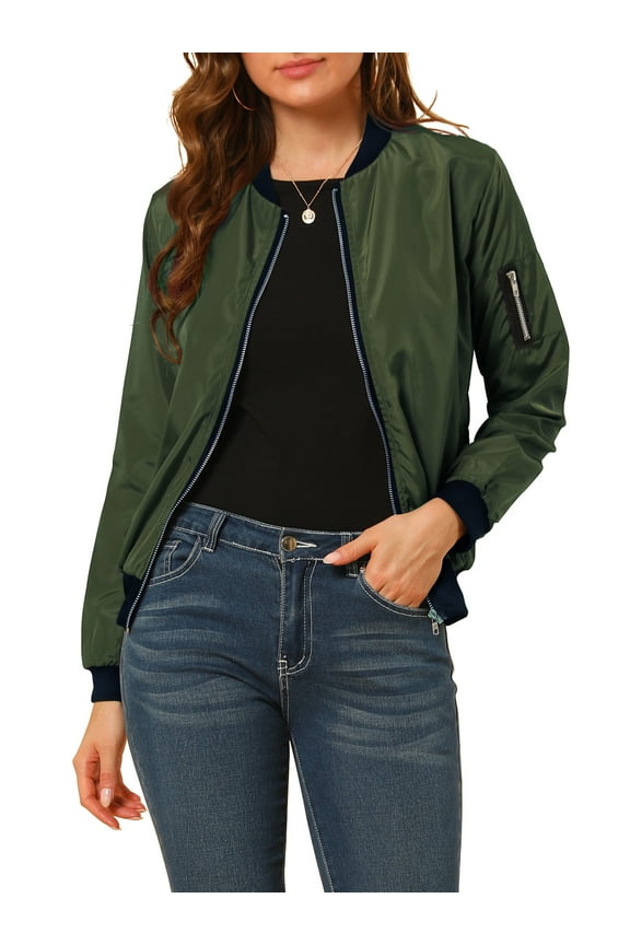 Women's Coat Casual Zip Up Bomber Jacket Windbreaker Outerwear with Pockets XS Dark Green