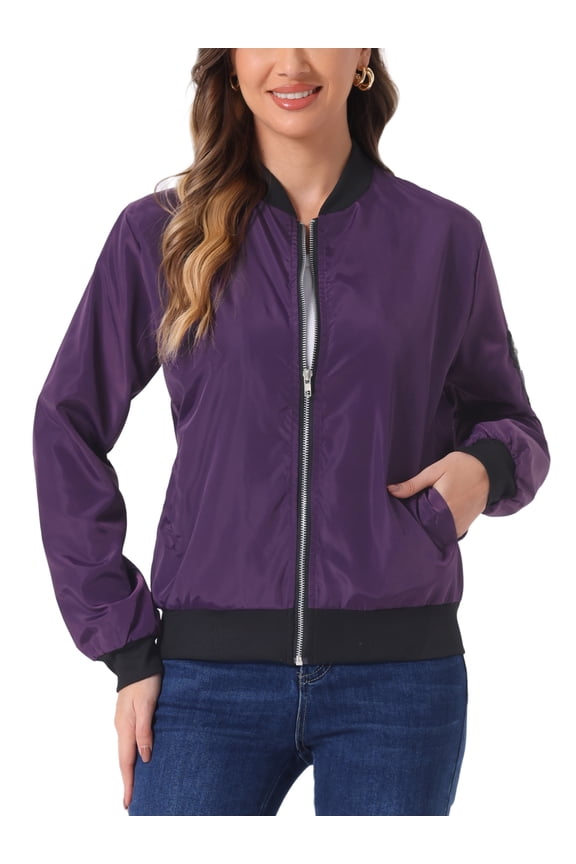 Women's Coat Casual Zip Up Bomber Jacket Windbreaker Outerwear with Pockets XS Dark Purple