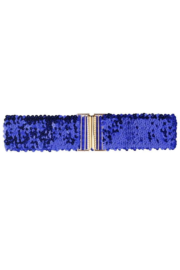 Women‘’s Elastic Waist Belt Sequins Decor Metal Interlock Buckles Belts for Dresses Royal Blue