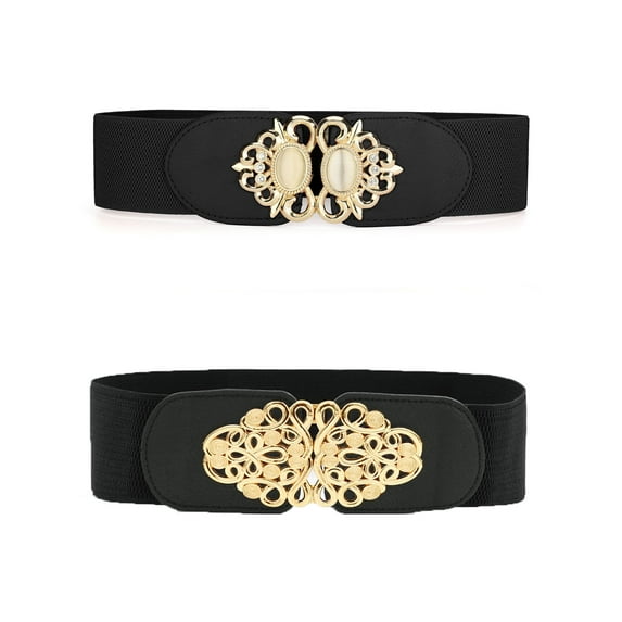 INSPIRE CHIC Womens Elastic Wide Waist Belts Metal Buckle Stretchy Belts for Dress 67cm/26.38"&67cm/26.38" Knot Shape Black&Oval Shape Black