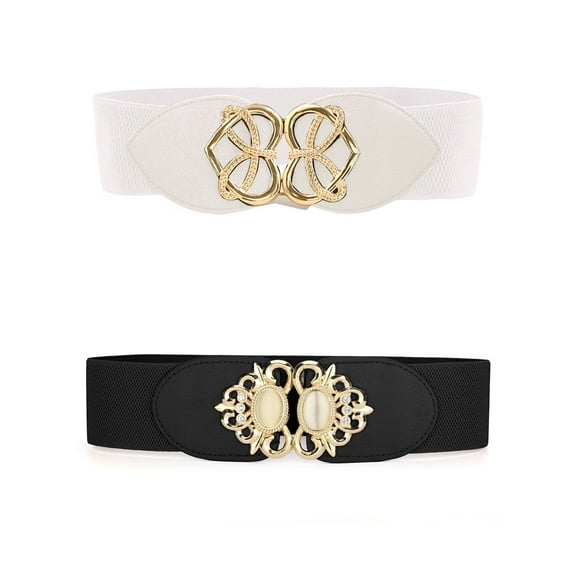 INSPIRE CHIC Womens Elastic Wide Waist Belts, Metal Buckle Stretchy Waistband Belt Black & White