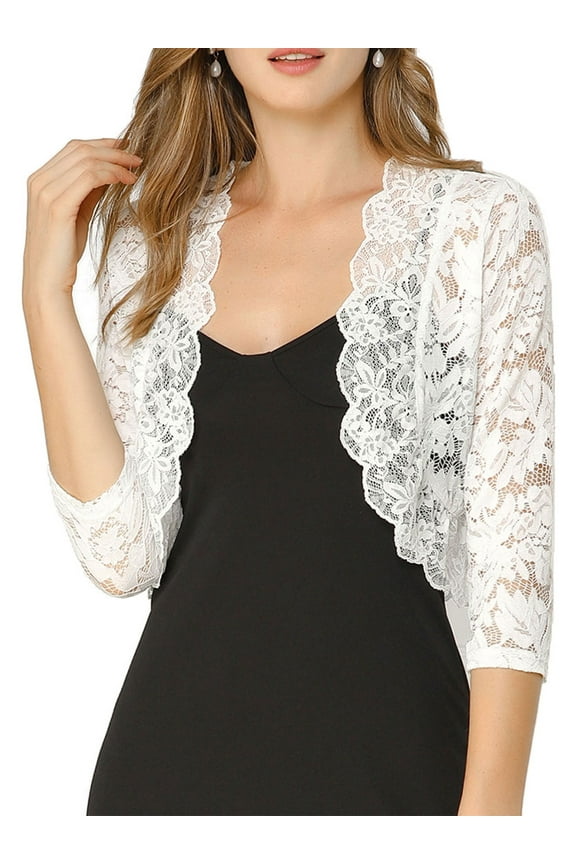 Valentine's Day Women's Shrugs Floral Lace Cardigan 3/4 Sleeves Sheer Cover Up Top 2XL White