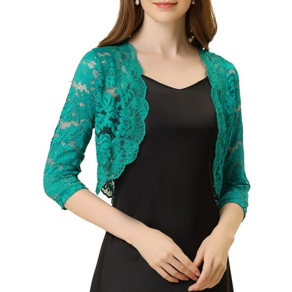 INSPIRE CHIC Valentine's Day Women's Shrugs Floral Lace Cardigan 3/4 Sleeves Sheer Cover Up Top 3XL Jade Green