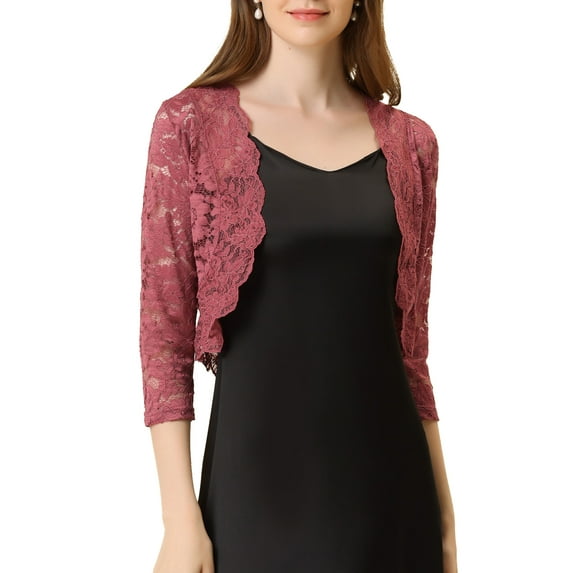 INSPIRE CHIC Valentine's Day Women's Shrugs Floral Lace Cardigan 3/4 Sleeves Sheer Cover Up Top L Brick Red