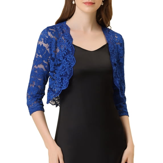 INSPIRE CHIC Women's Shrugs Floral Lace Cardigan 3/4 Sleeves Sheer Cover Up Top Cobalt Blue L