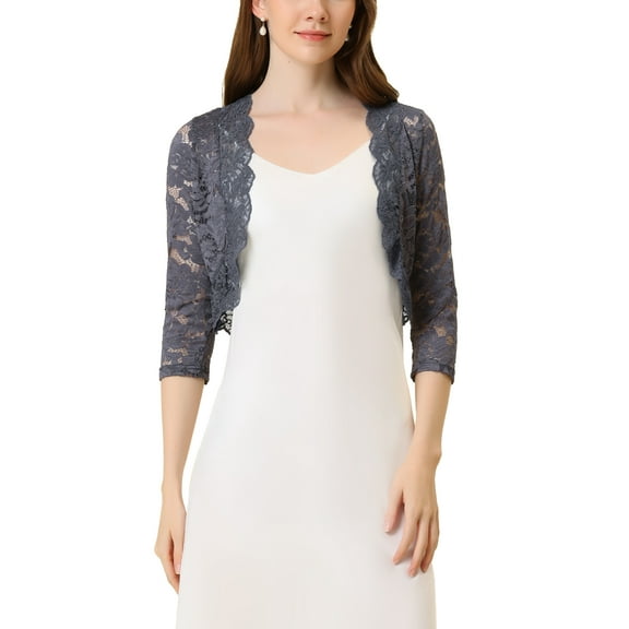 INSPIRE CHIC Valentine's Day Women's Shrugs Floral Lace Cardigan 3/4 Sleeves Sheer Cover Up Top L Dark Gray