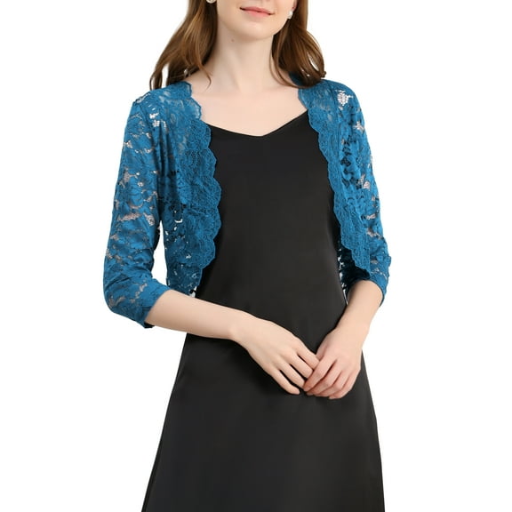 INSPIRE CHIC Valentine's Day Women's Shrugs Floral Lace Cardigan 3/4 Sleeves Sheer Cover Up Top L Lake Blue
