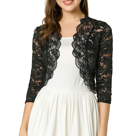 INSPIRE CHIC Valentine's Day Women's Shrugs Floral Lace Cardigan 3/4 Sleeves Sheer Cover Up Top M Black