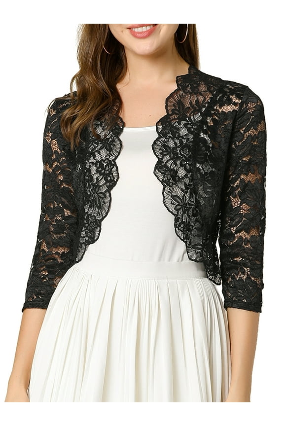 Valentine's Day Women's Shrugs Floral Lace Cardigan 3/4 Sleeves Sheer Cover Up Top M Black