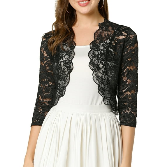 INSPIRE CHIC Women's Shrugs Floral Lace Cardigan 3/4 Sleeves Sheer Cover Up Top Black S