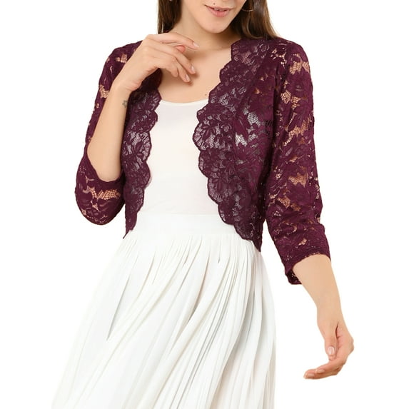INSPIRE CHIC Valentine's Day Women's Shrugs Floral Lace Cardigan 3/4 Sleeves Sheer Cover Up Top S Burgundy