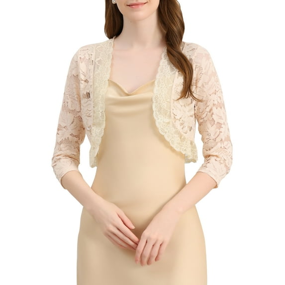 INSPIRE CHIC Women's Shrugs Floral Lace Cardigan 3/4 Sleeves Sheer Cover Up Top S Light Beige