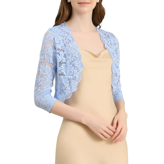 INSPIRE CHIC Valentine's Day Women's Shrugs Floral Lace Cardigan 3/4 Sleeves Sheer Cover Up Top S Light Blue