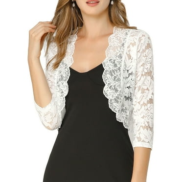Allegra K Womens Elegant 3/4 Sleeve Sheer Floral Lace Shrug Top for Chic and Stylish Occasions S White
