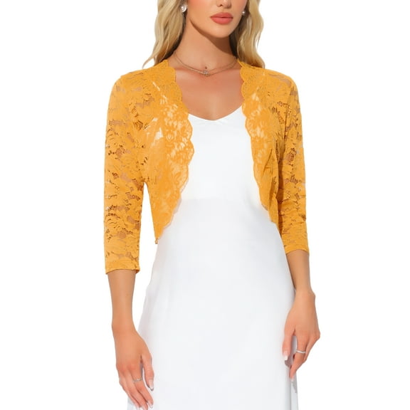INSPIRE CHIC Valentine's Day Women's Shrugs Floral Lace Cardigan 3/4 Sleeves Sheer Cover Up Top S Yellow