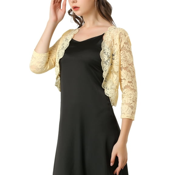INSPIRE CHIC Valentine's Day Women's Shrugs Floral Lace Cardigan 3/4 Sleeves Sheer Cover Up Top XL Beige