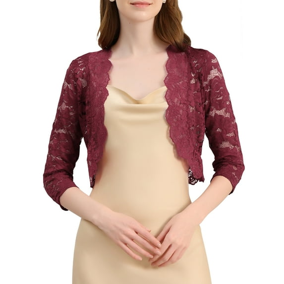 INSPIRE CHIC Valentine's Day Women's Shrugs Floral Lace Cardigan 3/4 Sleeves Sheer Cover Up Top XL Dark Red
