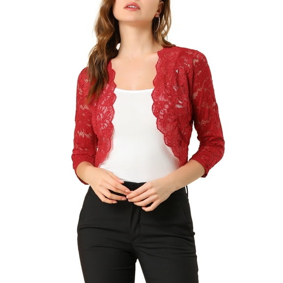 INSPIRE CHIC Valentine's Day Women's Shrugs Floral Lace Cardigan 3/4 Sleeves Sheer Cover Up Top XL Deep Red