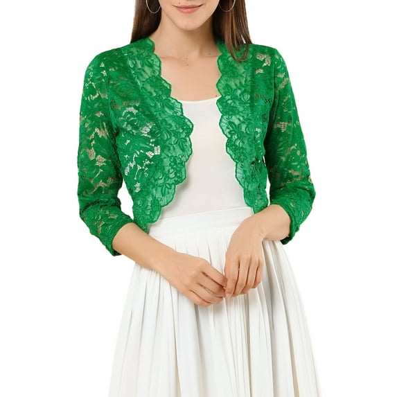 INSPIRE CHIC Women's Shrugs Floral Lace Cardigan 3/4 Sleeves Sheer Cover Up Top Green XL
