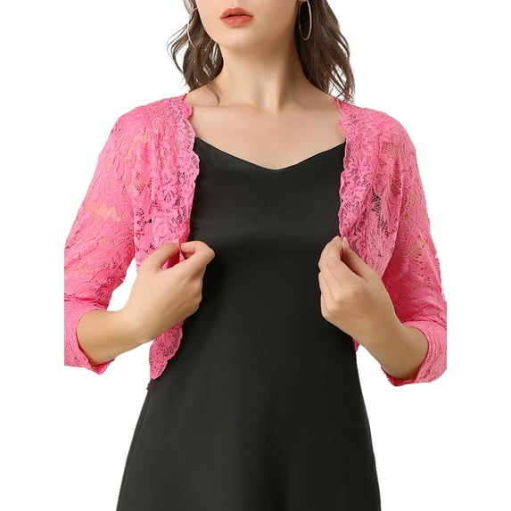 INSPIRE CHIC Women's Shrugs Floral Lace Cardigan 3/4 Sleeves Sheer Cover Up Top XL Magenta