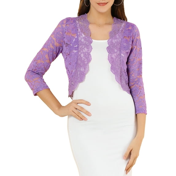 INSPIRE CHIC Valentine's Day Women's Shrugs Floral Lace Cardigan 3/4 Sleeves Sheer Cover Up Top XL Purple