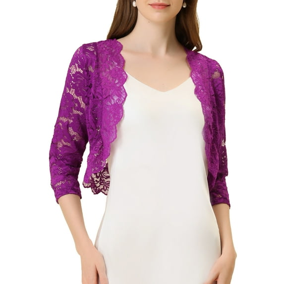 INSPIRE CHIC Valentine's Day Women's Shrugs Floral Lace Cardigan 3/4 Sleeves Sheer Cover Up Top XL Rose Purple