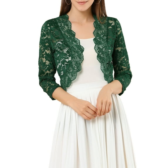INSPIRE CHIC Women's Shrugs Floral Lace Cardigan 3/4 Sleeves Sheer Cover Up Top XS Dark Green