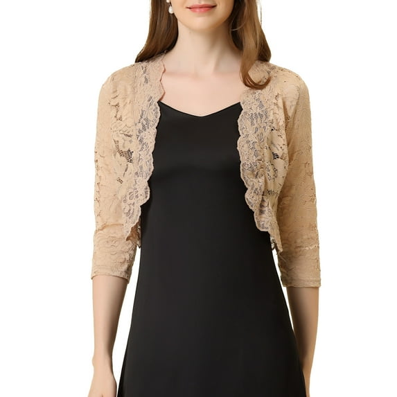 INSPIRE CHIC Valentine's Day Women's Shrugs Floral Lace Cardigan 3/4 Sleeves Sheer Cover Up Top XS Khaki