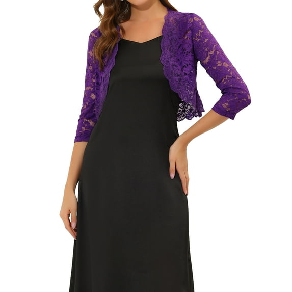 INSPIRE CHIC Valentine's Day Women's Shrugs Floral Lace Cardigan 3/4 Sleeves Sheer Cover Up Top XS Violet