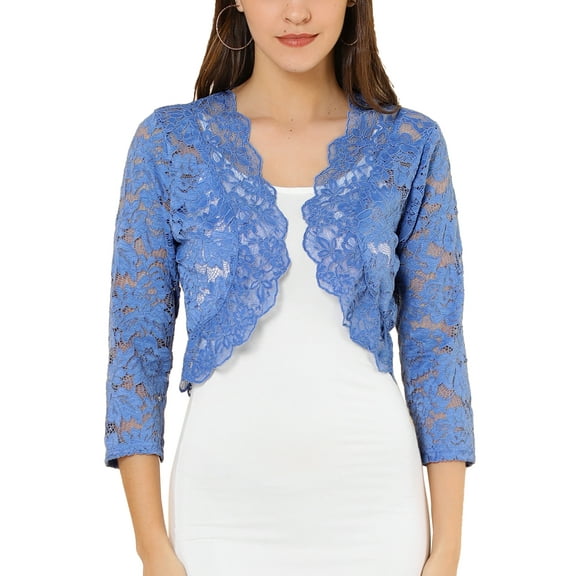 INSPIRE CHIC Valentine's Day Women's Shrugs Floral Lace Cardigan 3/4 Sleeves Sheer Cover Up Top XS Gray Blue
