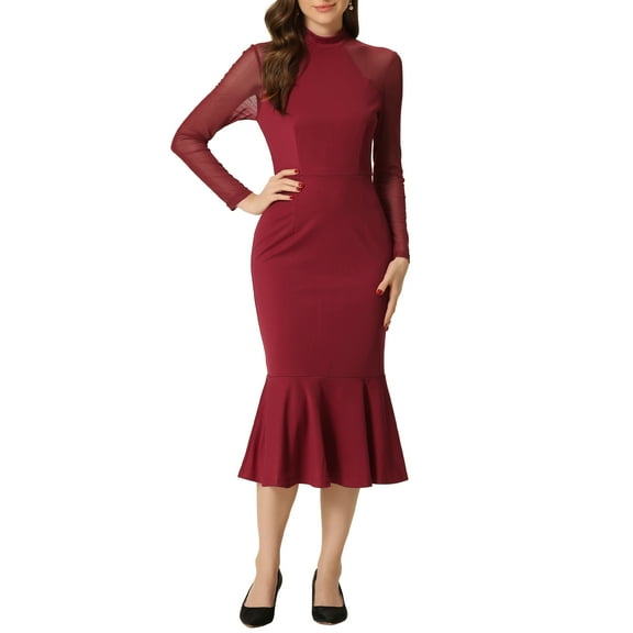 INSPIRE CHIC Women's Dress Mermaid Bodycon Mock Neck Sheer Mesh Long Sleeve Dresses S Deep Red