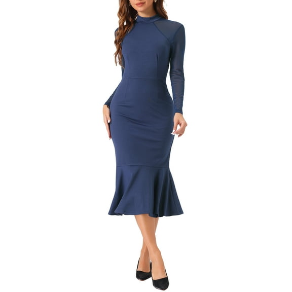 INSPIRE CHIC Women's Dress Mermaid Bodycon Mock Neck Sheer Mesh Long Sleeve Dresses XL Navy Blue