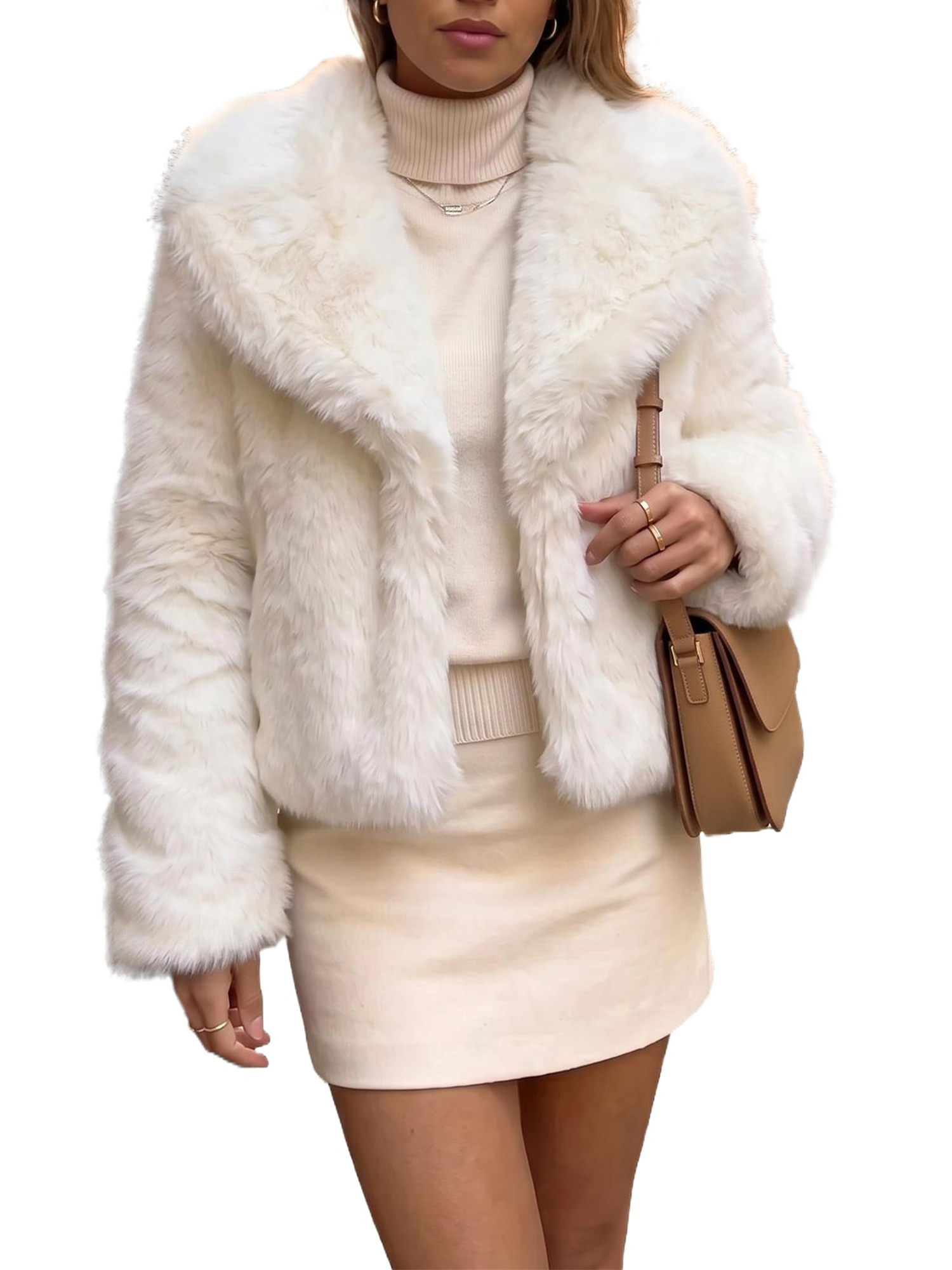 INSPIRE CHIC Womens Faux Fur Coats Fuzzy Long Sleeves Lapel Collar Smooth Lining Oversized with Pockets Warm Winter Jackets Outwear X Large White