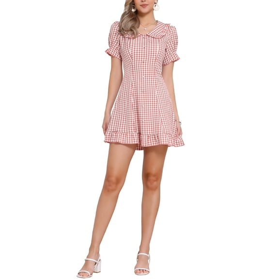 INSPIRE CHIC Womens Gingham Checks Ruffled Peter Pan Collar 1960s Mini Dress XL Dark Pink