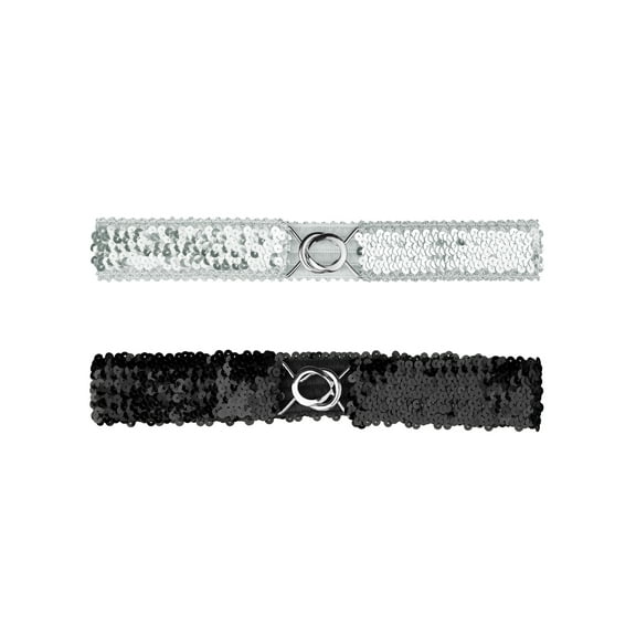 INSPIRE CHIC Women's Shimmer Skinny Stretchy Waist Belts Sequins Decor Slim Elastic Belts 2PCS Silver side Silver