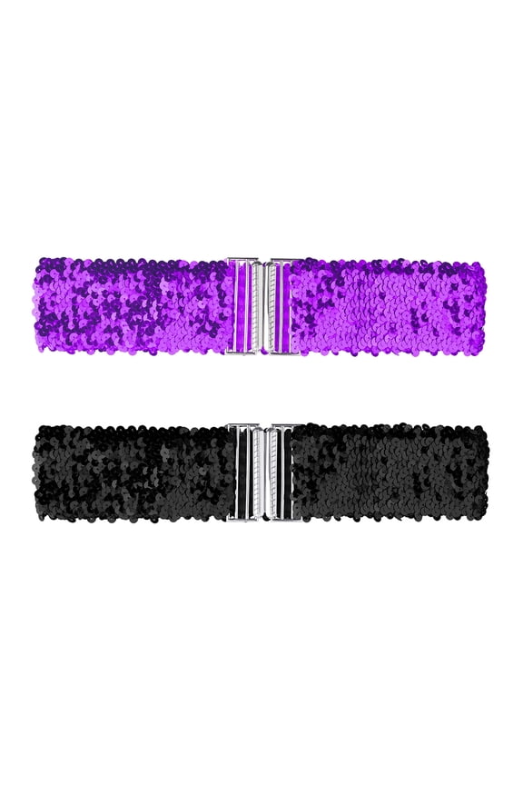 Women's Shimmer Stretchy Waist Belts Interlock Buckles Sequins Decor Wide Elastic Belts 2 PCS Light Purple&One Other Colors