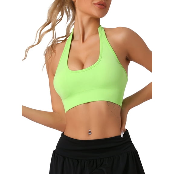 INSPIRE CHIC Womens Halter Backless Ribbed Sports Bras Workout Fitness Underwear M Green