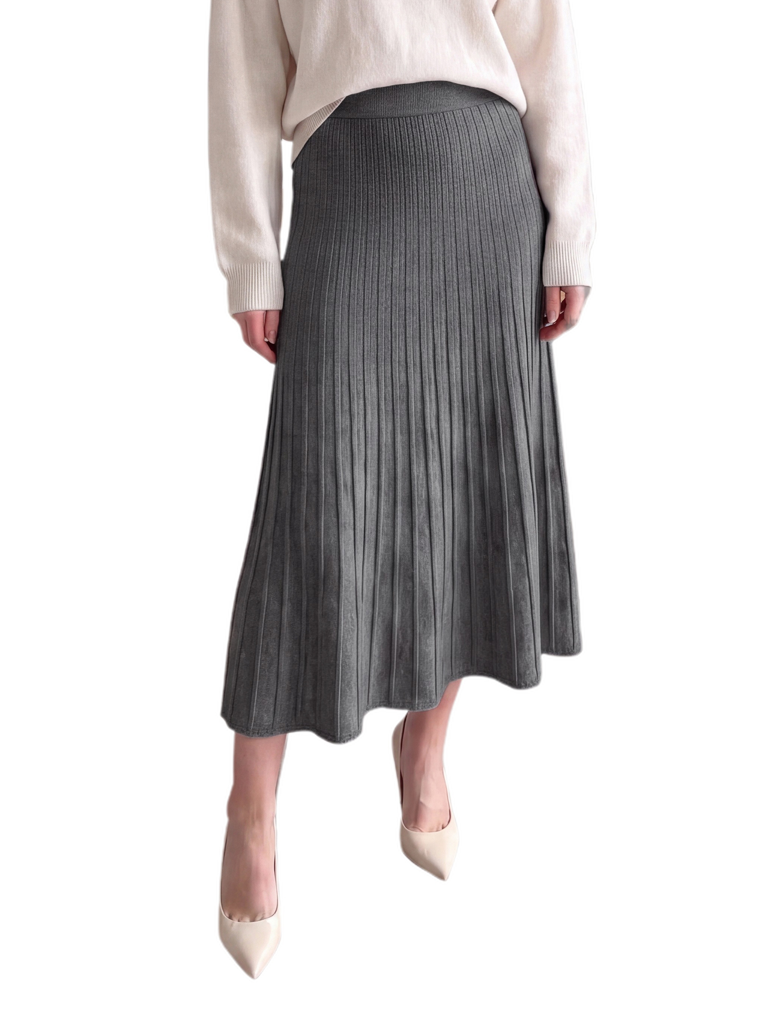 INSPIRE CHIC Womens Knit Skirt Pleated High Waist A Line Flared Elegant Casual Stretchy Winter Maxi Sweater Skirts Medium Gray