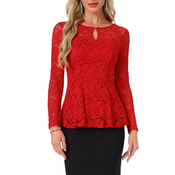 INSPIRE CHIC Women's Top Lace Keyhole Front Peplum Hem Sheer Long Sleeve Blouse L Red