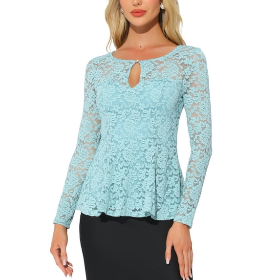 INSPIRE CHIC Women's Top Lace Keyhole Front Peplum Hem Sheer Long Sleeve Blouse XS Gray Blue