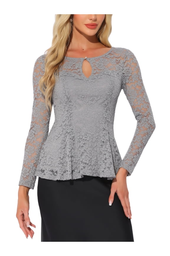 Women's Top Lace Keyhole Front Peplum Hem Sheer Long Sleeve Blouse XS Gray