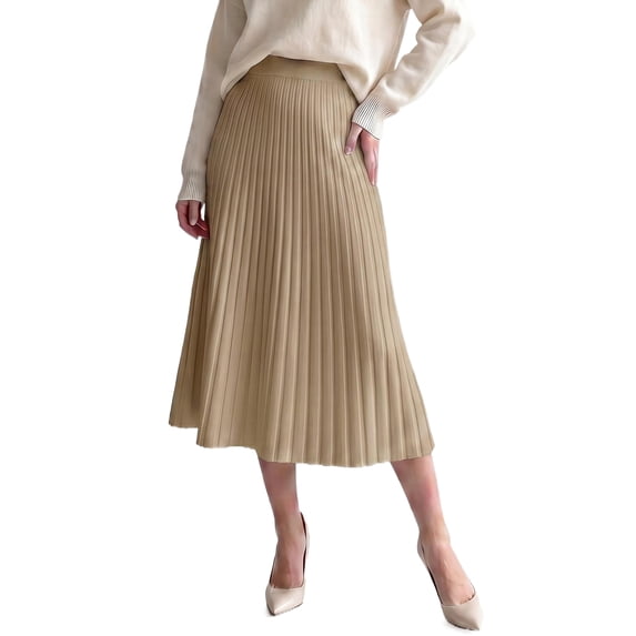 INSPIRE CHIC Womens Maxi Skirt Pleated Ribbed Knit High Elastic Waist Elegant A Line Swing Stretchy Soft Casual Fall Winter Sweater Skirts Large Khaki