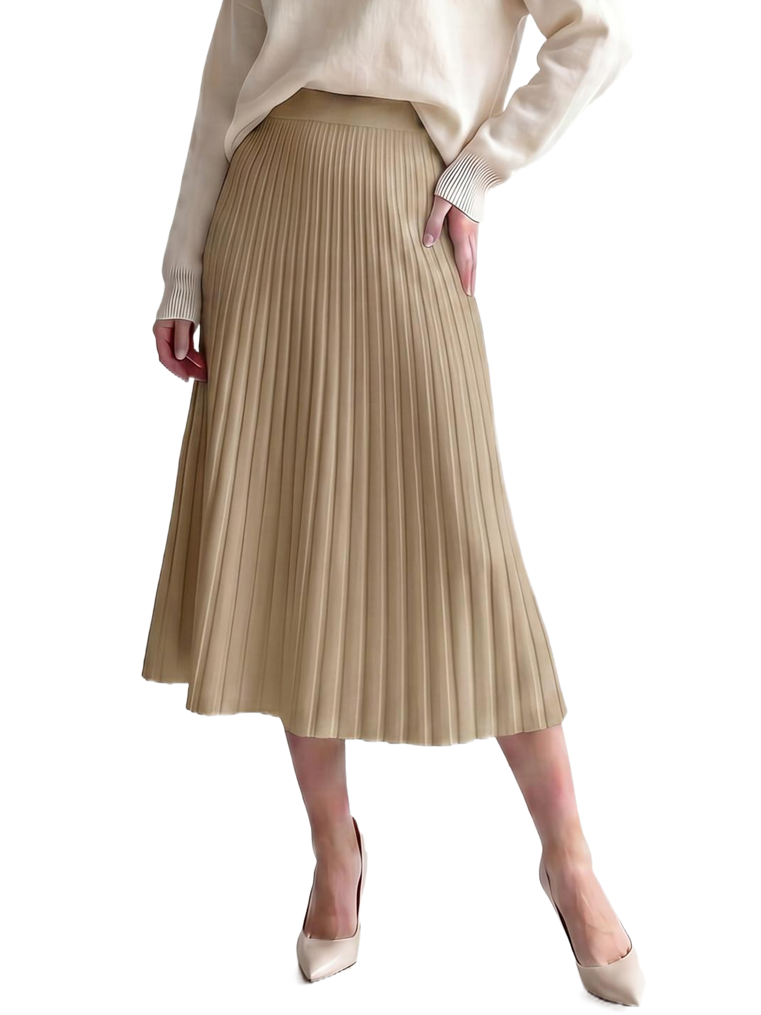 INSPIRE CHIC Womens Maxi Skirt Pleated Ribbed Knit High Elastic Waist Elegant A Line Swing Stretchy Soft Casual Fall Winter Sweater Skirts Large Khaki