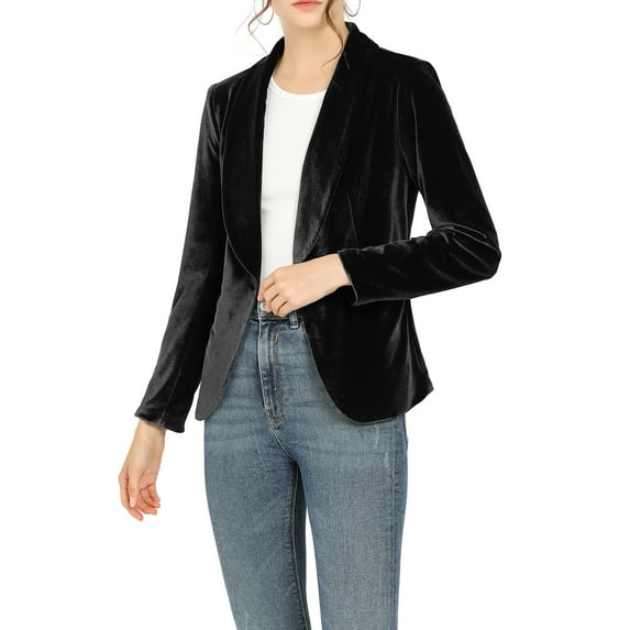 INSPIRE CHIC Women's Velvet Blazer Solid Color Shawl Collar One Button Wear-to-Work Suit Jacket L Black