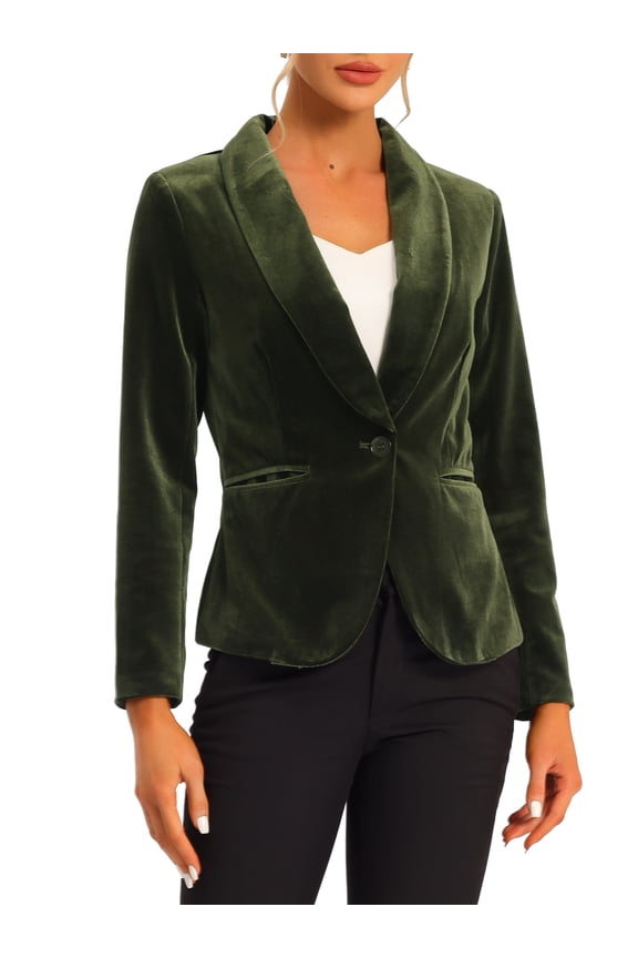 Women's Velvet Blazer Solid Color Shawl Collar One Button Wear-to-Work Suit Jacket L Olive Green