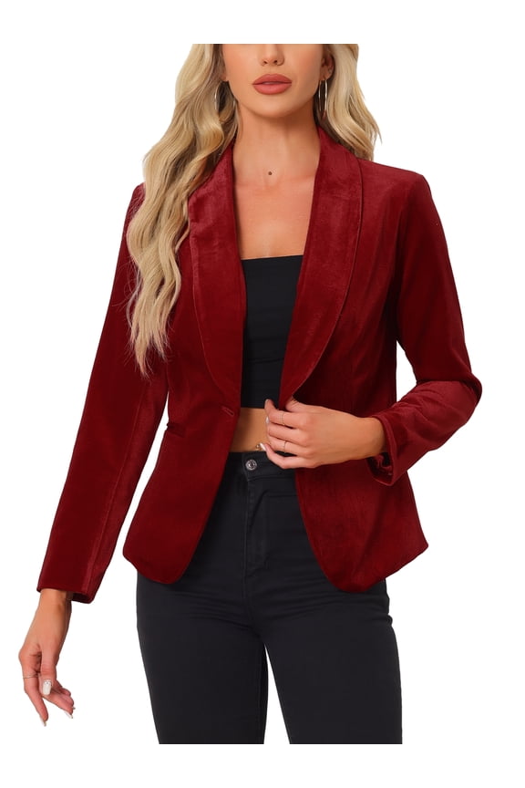 Women's Velvet Blazer Solid Color Shawl Collar One Button Wear-to-Work Suit Jacket L Red